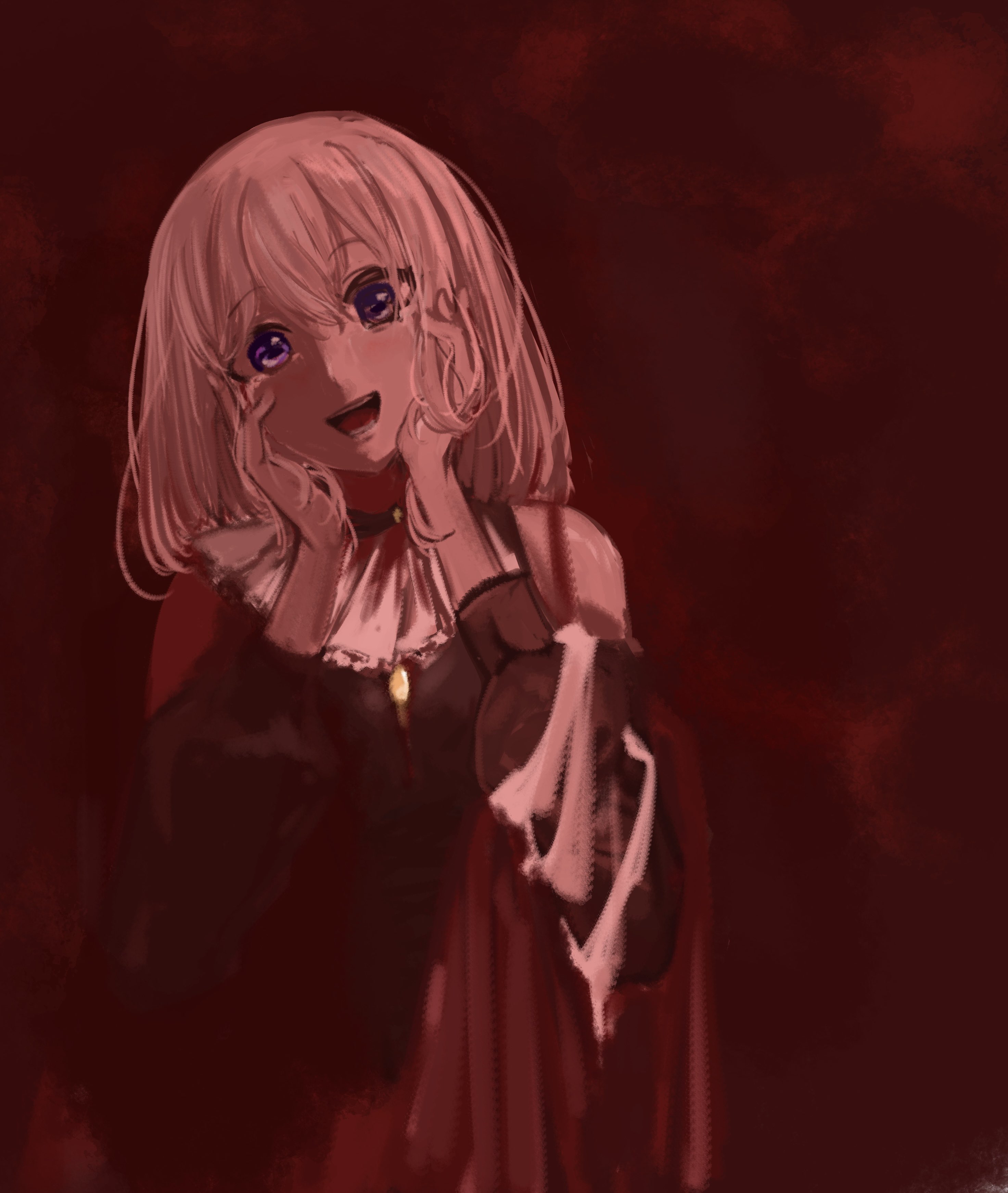 extreme yuri buta, doloris (bang dream!), misumi uika, bang dream!, bang dream! it's mygo!!!!!, absurdres, commentary request, highres, 1girl, blonde hair, clothing cutout, hands on own face, medium hair, open mouth, purple eyes, red background, shoulder cutout, solo, sophie (bang dream!)