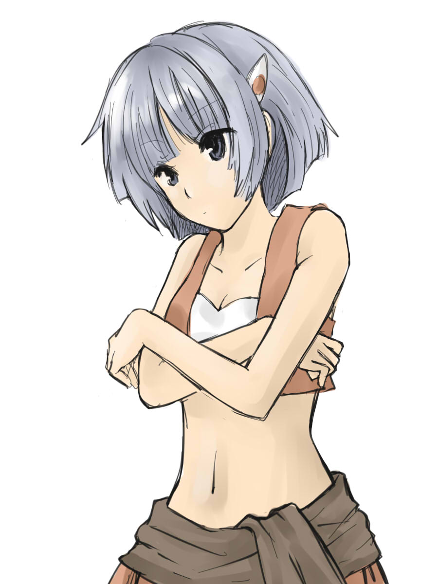 naco (09297317), nadia la arwall, fushigi no umi no nadia, bad id, bad pixiv id, highres, 1990s (style), 1girl, bandeau, bare shoulders, black eyes, black hair, crossed arms, female focus, hair ornament, hairclip, midriff, retro artstyle, short hair, solo, strapless, tube top, vest