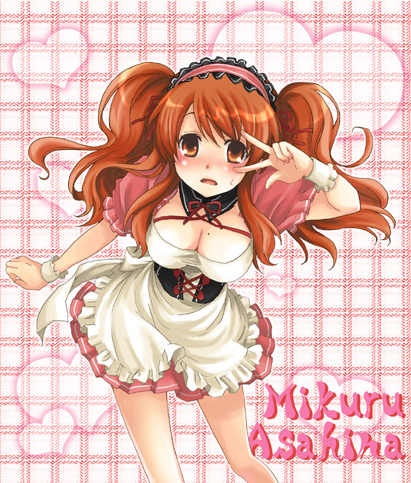 kawamura raichi, raichi k, asahina mikuru, suzumiya haruhi no yuuutsu, bad id, bad pixiv id, lowres, 00s, 1girl, blush, breasts, brown eyes, brown hair, character name, cleavage, corset, female focus, large breasts, leaning forward, long hair, mikuru beam, mole, mole on breast, official alternate hairstyle, solo, twintails, v, waitress