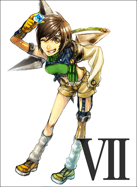 kumo nokai, yuffie kisaragi, final fantasy, final fantasy vii, bad id, bad pixiv id, 1990s (style), armor, bent over, brown eyes, brown hair, gloves, headband, materia, midriff, one eye closed, open fly, retro artstyle, short hair, shuriken, sleeveless, sleeveless turtleneck, smile, solo, turtleneck, unzipped, weapon, wink