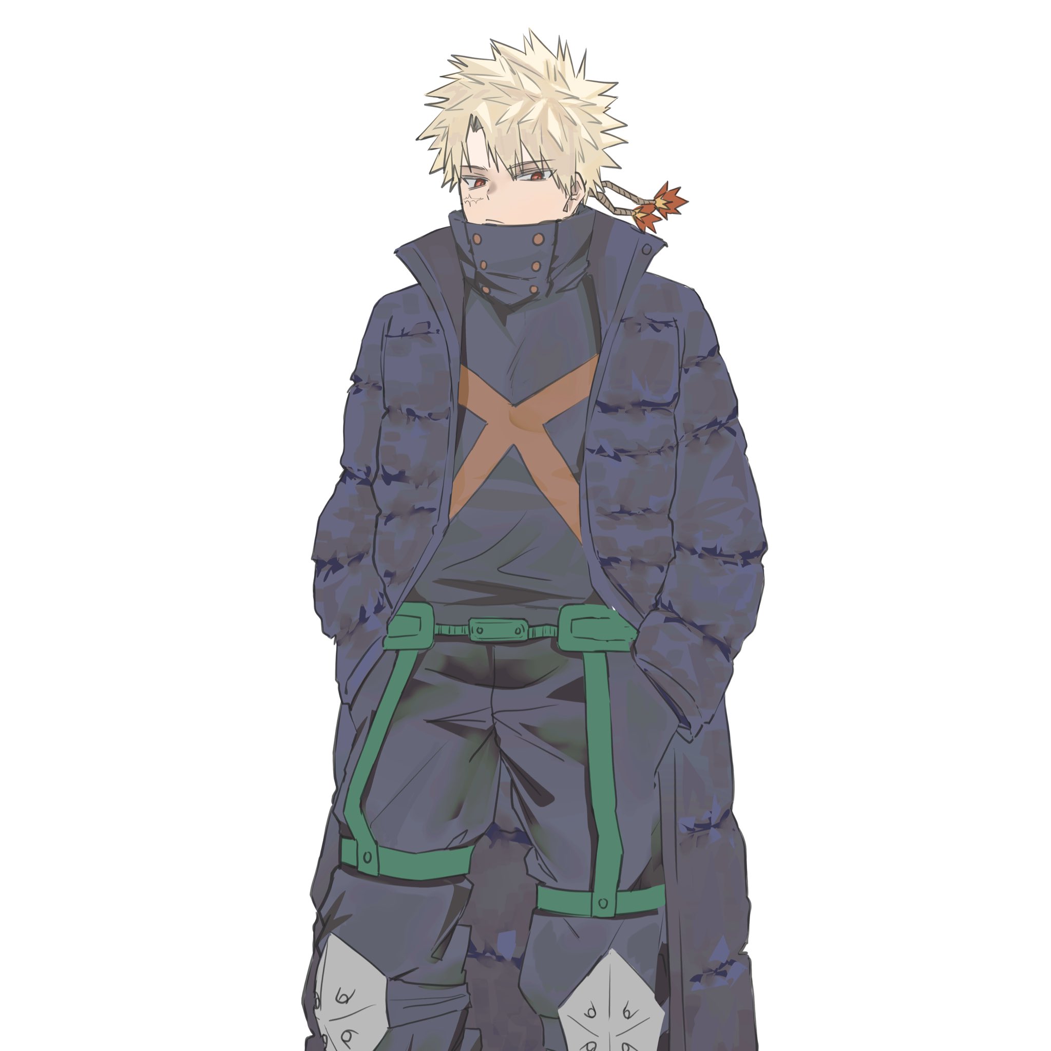 bakugou katsuki, boku no hero academia, commentary, highres, symbol-only commentary, 1boy, belt, black pants, black shirt, blonde hair, coat, facial scar, feet out of frame, green belt, hands in pockets, knee pads, long sleeves, looking to the side, male focus, pants, piiiien4, red eyes, scar, scar on cheek, scar on face, shirt, sideways glance, simple background, solo, spiked hair, standing, superhero costume, white background