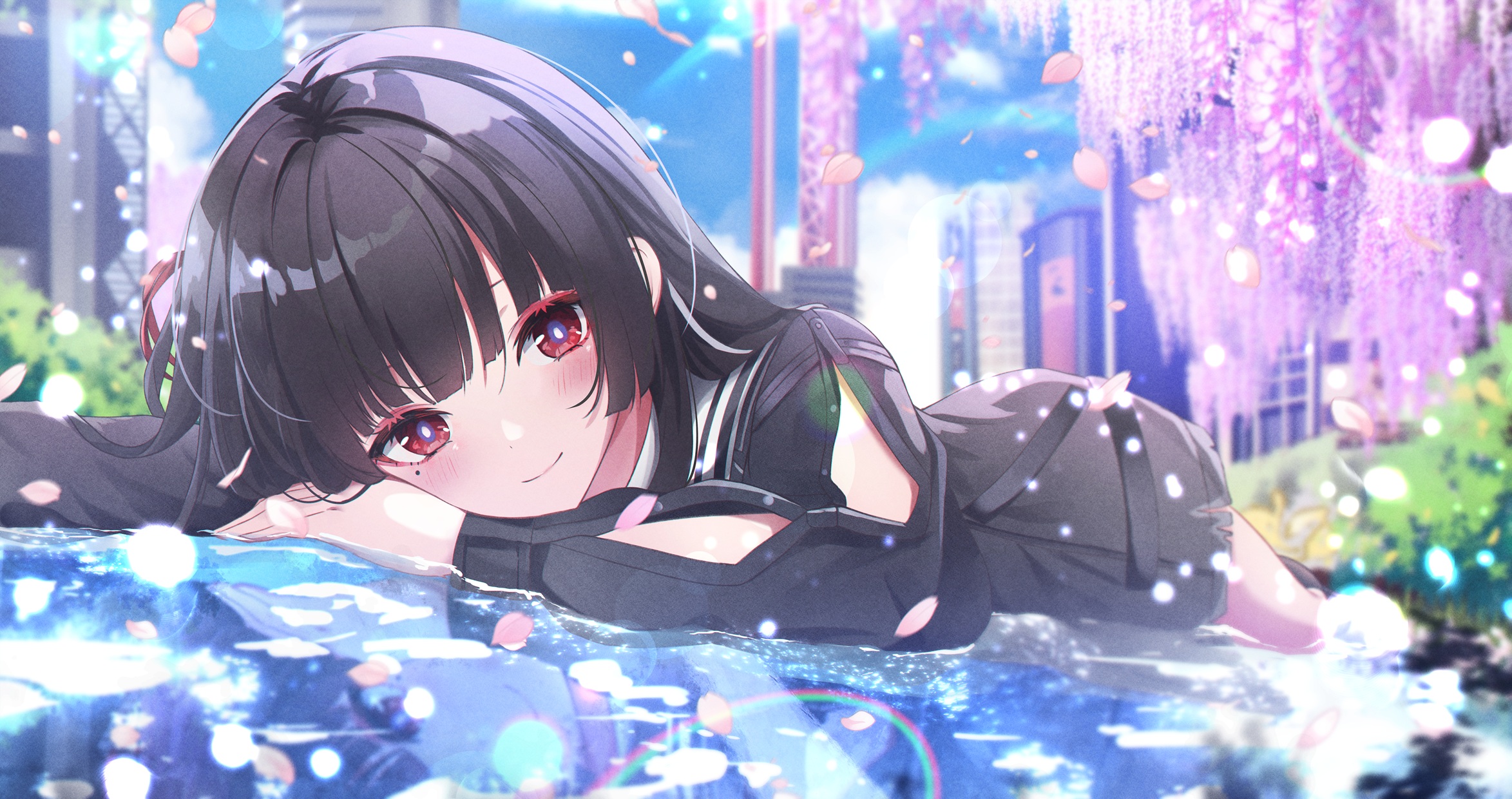aizawa (aizawatsu), chisa (wuthering waves), wuthering waves, commentary, highres, 1girl, arm cutout, black hair, blue sky, blush, bright pupils, closed mouth, clothing cutout, day, hair ribbon, long hair, long sleeves, looking at viewer, mole, mole under eye, red eyes, red ribbon, ribbon, sky, smile, solo, white pupils