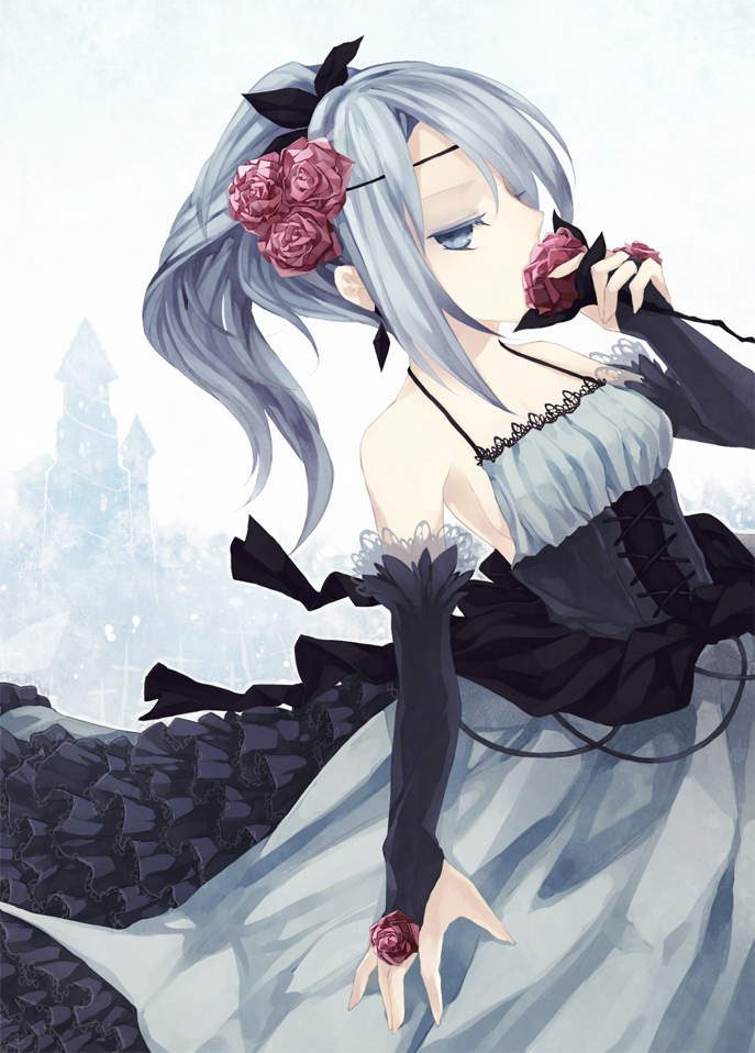 shiyun, rosemary (pop'n music), bemani, pop'n music, bad id, bad pixiv id, 1girl, blue eyes, blue hair, bridal gauntlets, corset, dress, earrings, female focus, flower, frills, hair ornament, jewelry, matching hair/eyes, outdoors, ponytail, sky, smell, smelling, solo