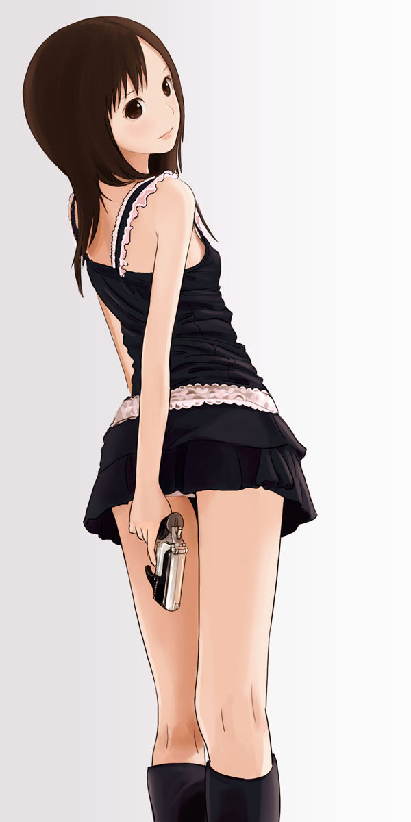 kokudou juunigou, bad id, bad pixiv id, highres, 1girl, arm behind back, black boots, boots, brown eyes, brown hair, dress, female focus, grey background, gun, loli, long hair, panties, pantyshot, short dress, solo, standing, underwear, upskirt, weapon, white panties
