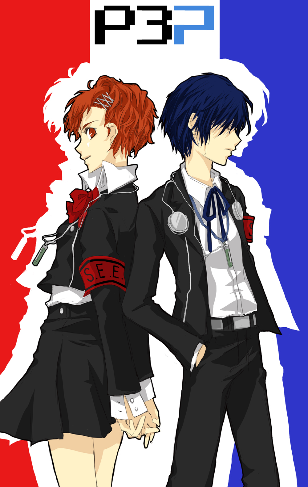 lime (pixiv), shiomi kotone, yuuki makoto (persona 3), atlus, persona, persona 3, persona 3 portable, bad id, bad pixiv id, highres, blue hair, closed eyes, headphones, red eyes, red hair, school uniform