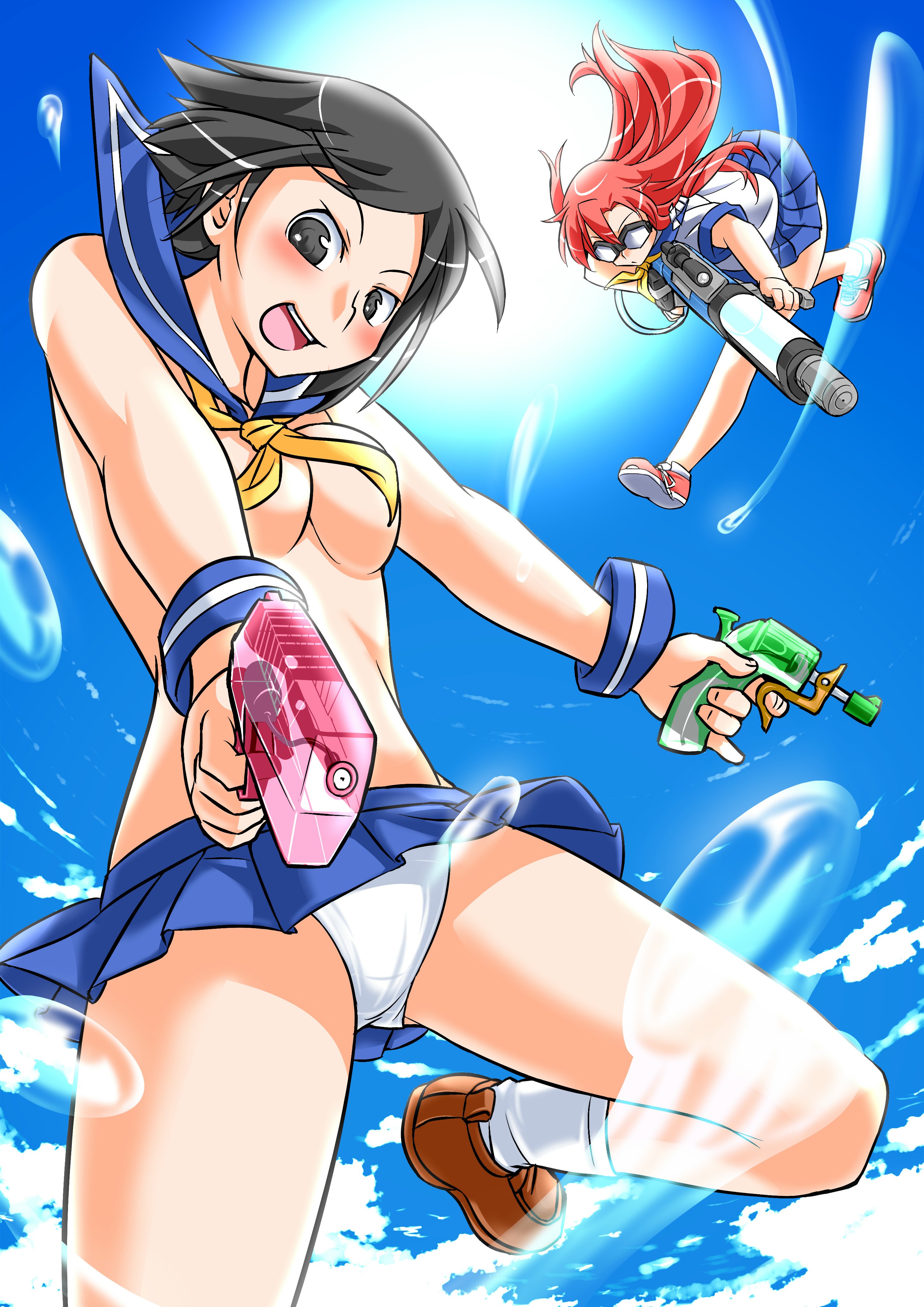 ameyoii, original, absurdres, bad id, bad pixiv id, highres, 2girls, black eyes, black hair, blush, breasts, from below, goggles, medium breasts, multiple girls, panties, red hair, school uniform, serafuku, skirt, underwear, water, water gun, white panties