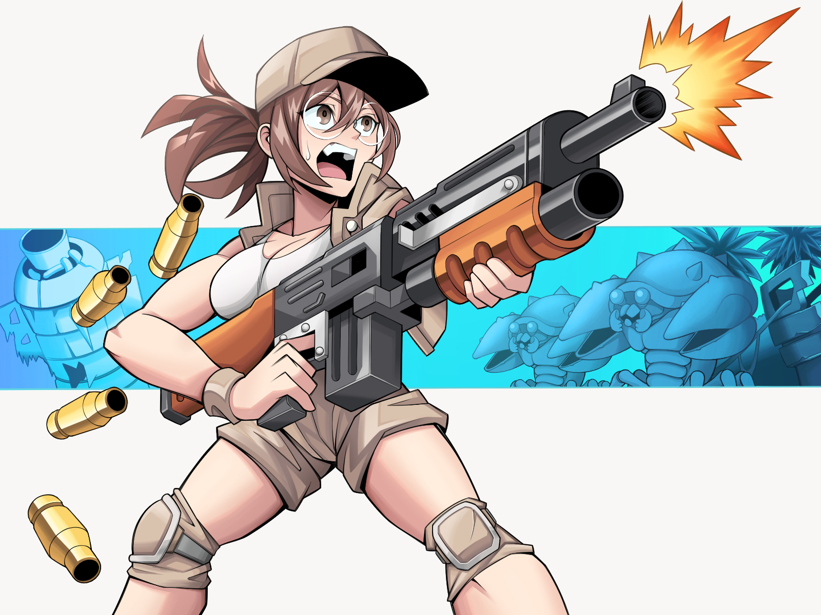 pechamaju, fio germi, metal slug, commentary request, highres, 1girl, breasts, brown eyes, brown hair, brown hat, brown shorts, brown vest, casing ejection, feet out of frame, field cap, firing, gun, hat, holding, holding gun, holding weapon, knee pads, large breasts, machine gun, midriff, open clothes, open mouth, open vest, rimless eyewear, round eyewear, shell casing, short shorts, shorts, solo, teeth, upper teeth only, vest, weapon, wristband