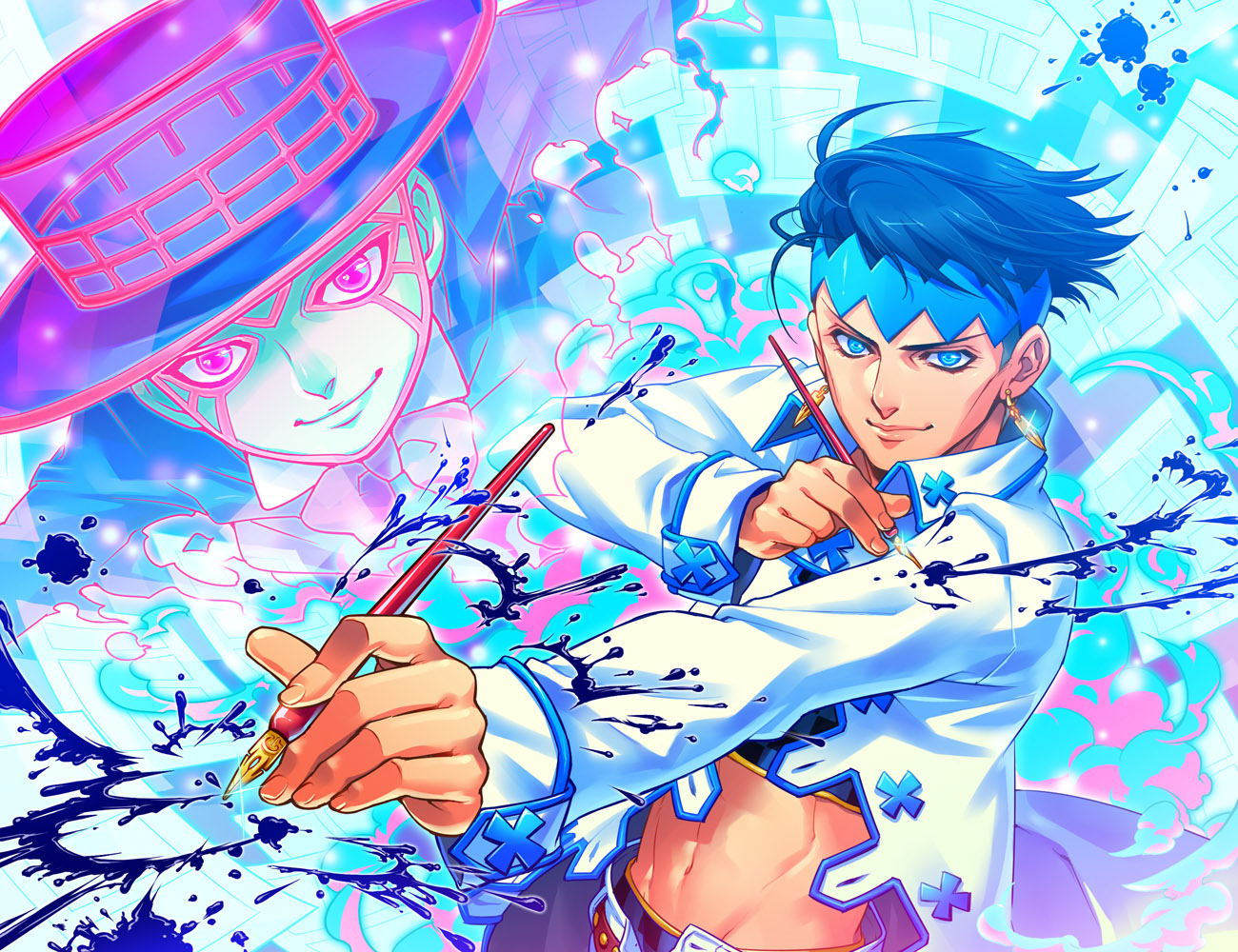 tetsukuzu tetsuko, heaven's door, kishibe rohan, jojo no kimyou na bouken, 1boy, blue eyes, blue hair, earrings, ink, jewelry, male focus, midriff, navel, paint splatter, pen, short hair, smile, stand (jojo)