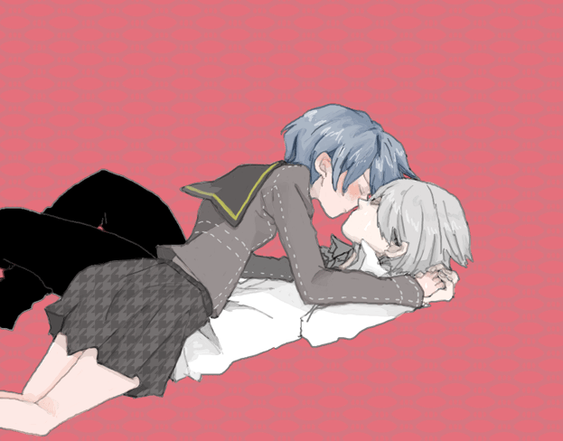 ten (ch), shirogane naoto, atlus, persona, persona 4, bad id, bad pixiv id, 1boy, 1girl, blue hair, blush, couple, girl on top, hetero, holding hands, kiss, red background, school uniform, serafuku, short hair, simple background