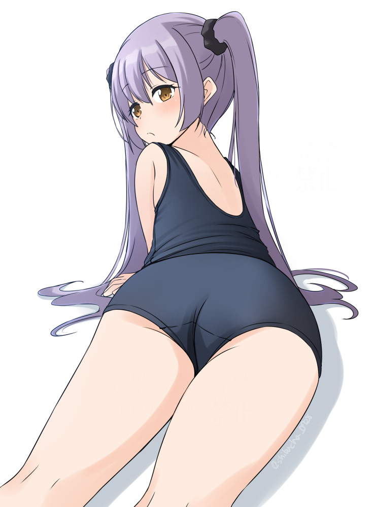 shibacha, original, commentary request, 1girl, ass, black one-piece swimsuit, brown eyes, from behind, grey hair, hair ornament, hair scrunchie, long hair, looking at viewer, looking back, lying, on stomach, one-piece swimsuit, school swimsuit, scrunchie, simple background, solo, swimsuit, twintails, white background
