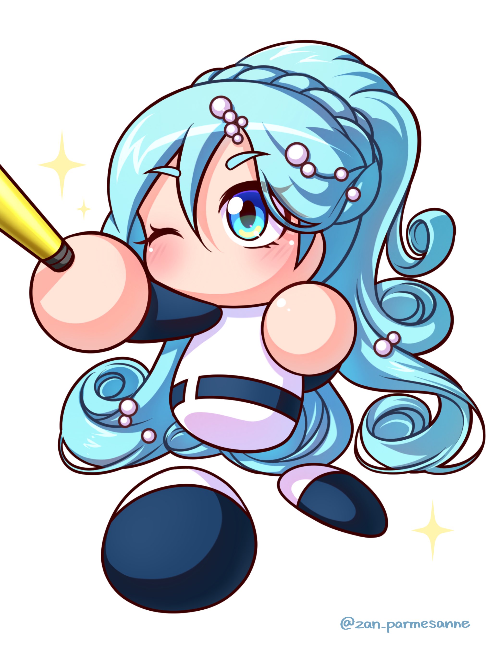 parmesan (zan parmesanne), jikkyou powerful pro yakyuu, power pro appli, absurdres, commentary request, highres, 1girl, aqua eyes, aqua hair, awase marina, baseball bat, baseball uniform, belt, blue belt, blue eyes, blue shirt, braid, curly ends, gradient eyes, hair between eyes, holding, holding baseball bat, jikkyou powerful pro yakyuu (style), long hair, multicolored eyes, multicolored shirt, no mouth, official style, one eye closed, pearl hair ornament, ponytail, ponytail with braided base, rayman limbs, shirt, smile, solo, sparkle, sportswear, twitter username, white background, white shirt, wide ponytail, yellow eyes