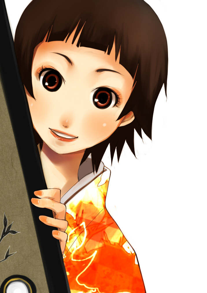 shigureteki, tsunetsuki matoi, sayonara zetsubou sensei, bad id, bad pixiv id, 00s, 1girl, brown eyes, brown hair, female focus, japanese clothes, kimono, short hair, smile, solo, white background