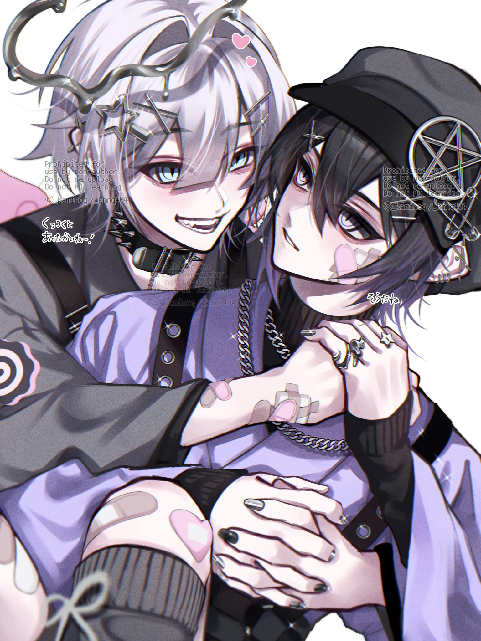 kaminoq, original, commentary request, highres, 2boys, bandaid, bandaid on knee, bandaid on leg, black choker, black hair, black hat, black nails, black socks, blue eyes, chain, chain necklace, choker, double-parted bangs, feet out of frame, grey hair, hair between eyes, hat, heart, heart-shaped bandaid, jewelry, kneehighs, long sleeves, male focus, multiple boys, nail polish, necklace, open mouth, parted lips, purple eyes, purple shirt, ring, shirt, short hair, simple background, socks, spiked choker, spikes, watermark, white background, white nails, wide sleeves