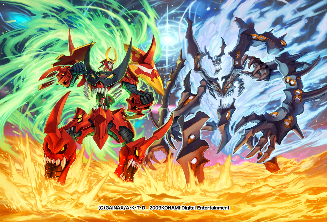 izuka daisuke, okome (trench), takayama toshiaki, antispiral, granzeboma, tengen toppa gurren-lagann (mecha), tengen toppa gurren lagann, official art, 00s, 2009, battle, claws, energy, epic, extra arms, extra eyes, fighting, fighting stance, galaxy, mecha, no humans, robot, sharp teeth, shoulder pads, space, spikes, spiral power, teeth
