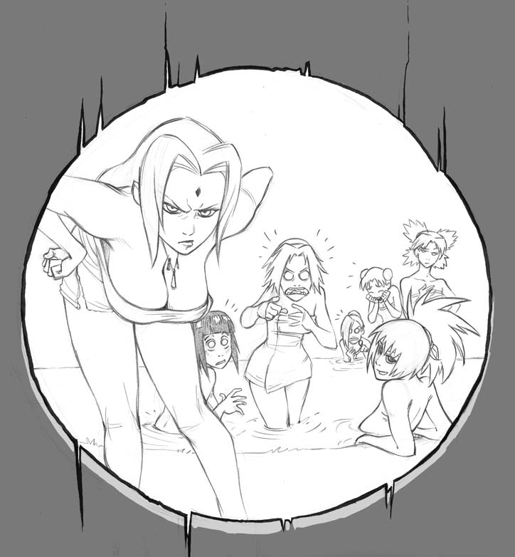 freideugoi, haruno sakura, hyuuga hinata, mitarashi anko, temari (naruto), tenten (naruto), tsunade (naruto), yamanaka ino, naruto, hole, monochrome, onsen