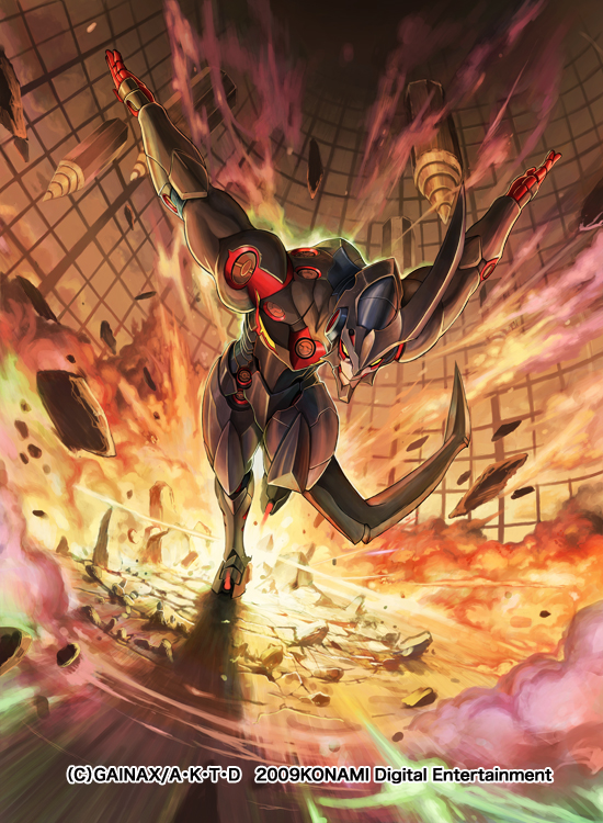 izuka daisuke, okome (trench), takayama toshiaki, lazengann, tengen toppa gurren lagann, 00s, destruction, drill, explosion, fire, mecha, no humans, outstretched arms, robot, running, smoke, solo, spread arms, super robot, tail