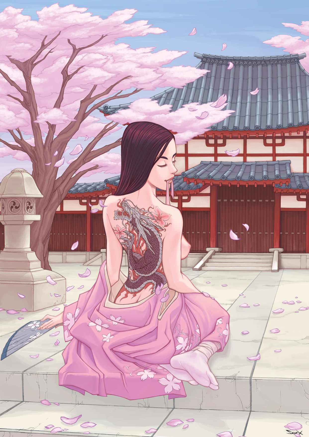 freideugoi, sakura, highres, cherry blossoms, geisha, japanese clothes, kimono, tattoo