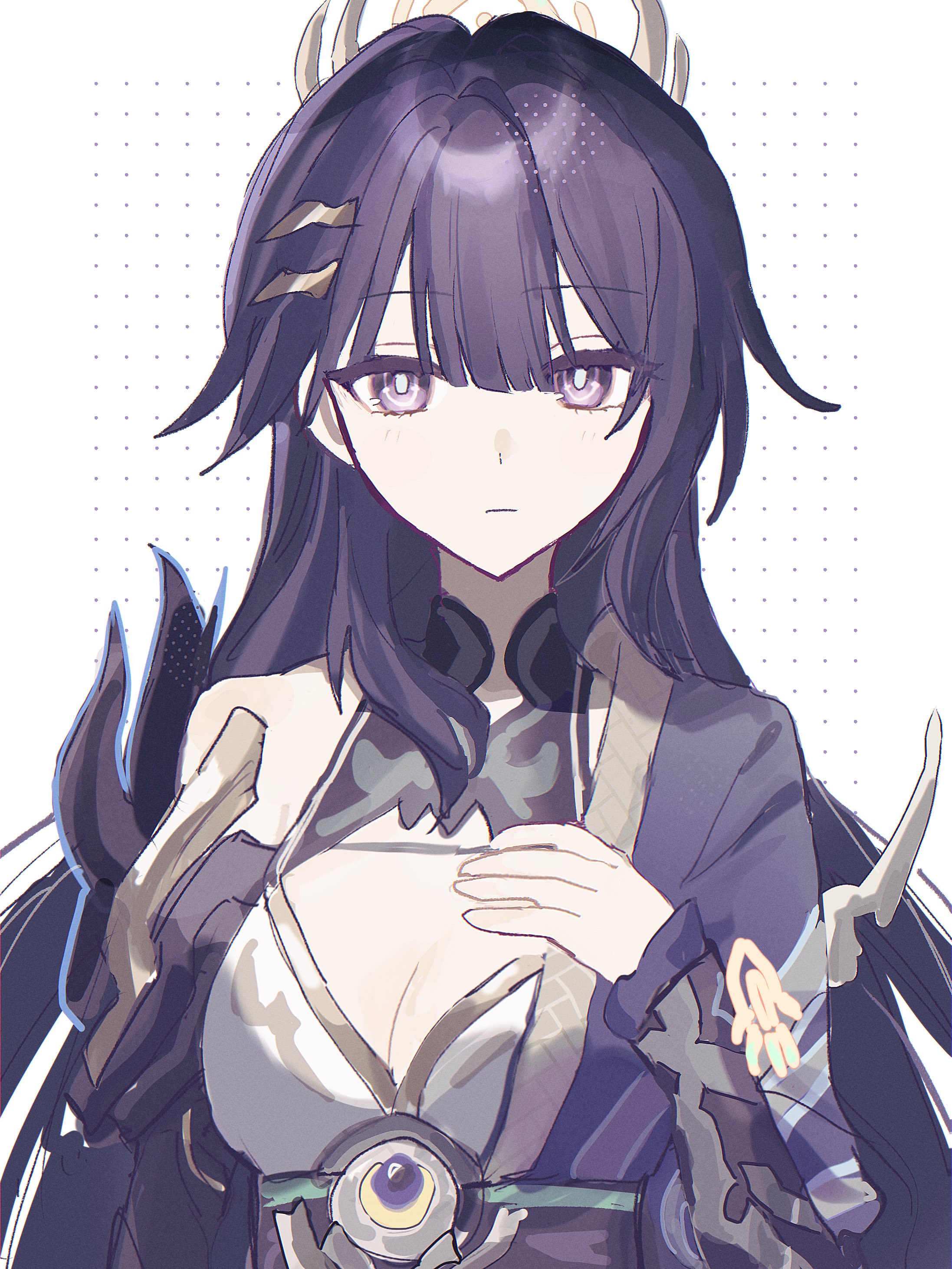 done (qz1c ), raiden mei, raiden mei (herrscher of origin), honkai (series), honkai impact 3rd, absurdres, commentary, highres, 1girl, blue pupils, breasts, cleavage, hair behind ear, hair ornament, hand on own chest, japanese clothes, long hair, purple eyes, purple hair, sash, simple background, single bare shoulder, very long hair