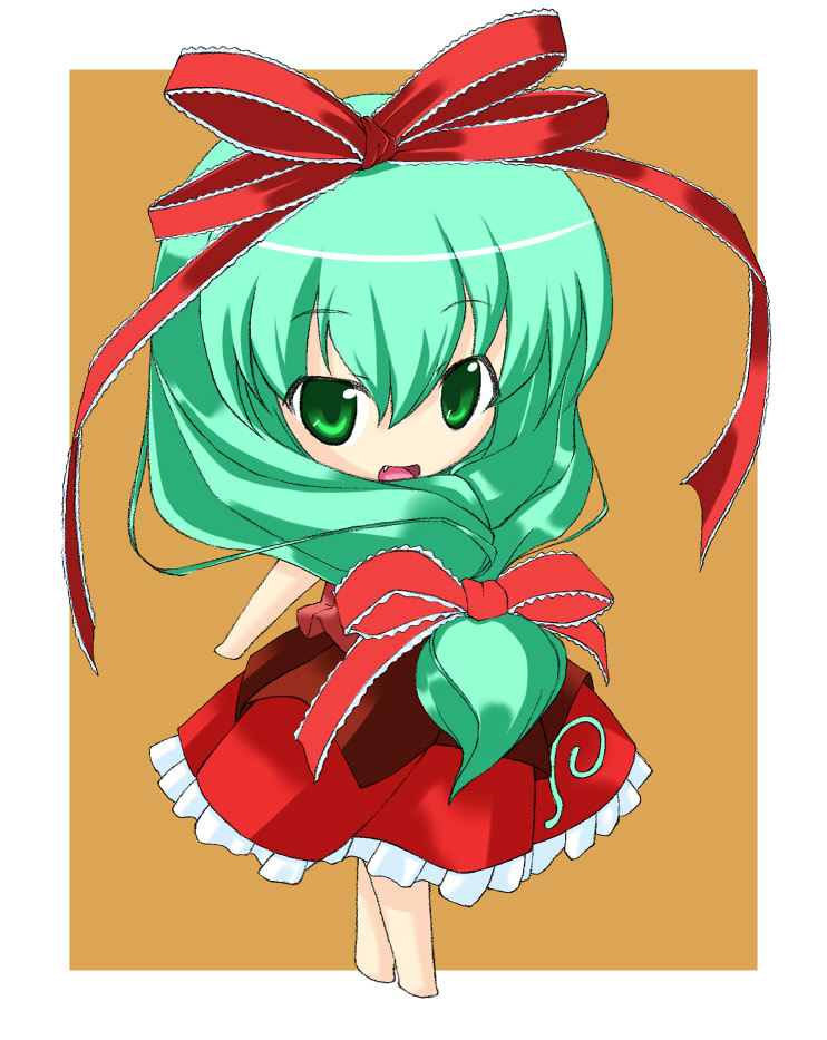 kyuu you, kagiyama hina, touhou, 1girl, barefoot, chibi, fang, female focus, front ponytail, green eyes, green hair, hair ribbon, long hair, matching hair/eyes, ribbon, solo