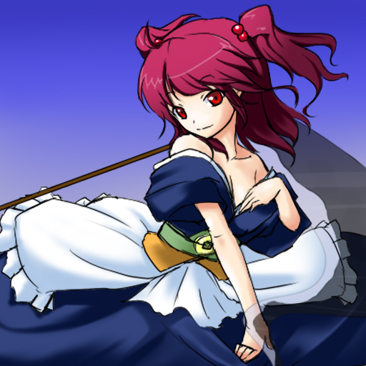 kyuu you, onozuka komachi, touhou, 1girl, bare shoulders, female focus, gradient background, hair bobbles, hair ornament, red eyes, red hair, short hair, solo, standing, twintails, two side up