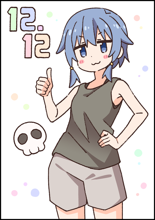 nekotoufu, fujimi nemu, onii-chan wa oshimai!, commentary request, 1girl, :3, bare arms, bare shoulders, black border, blue eyes, blue hair, blush stickers, border, closed mouth, dated, grey shirt, grey shorts, hand on own hip, hand up, shirt, short hair, shorts, skull, sleeveless, sleeveless shirt, solo, thumbs up, white background