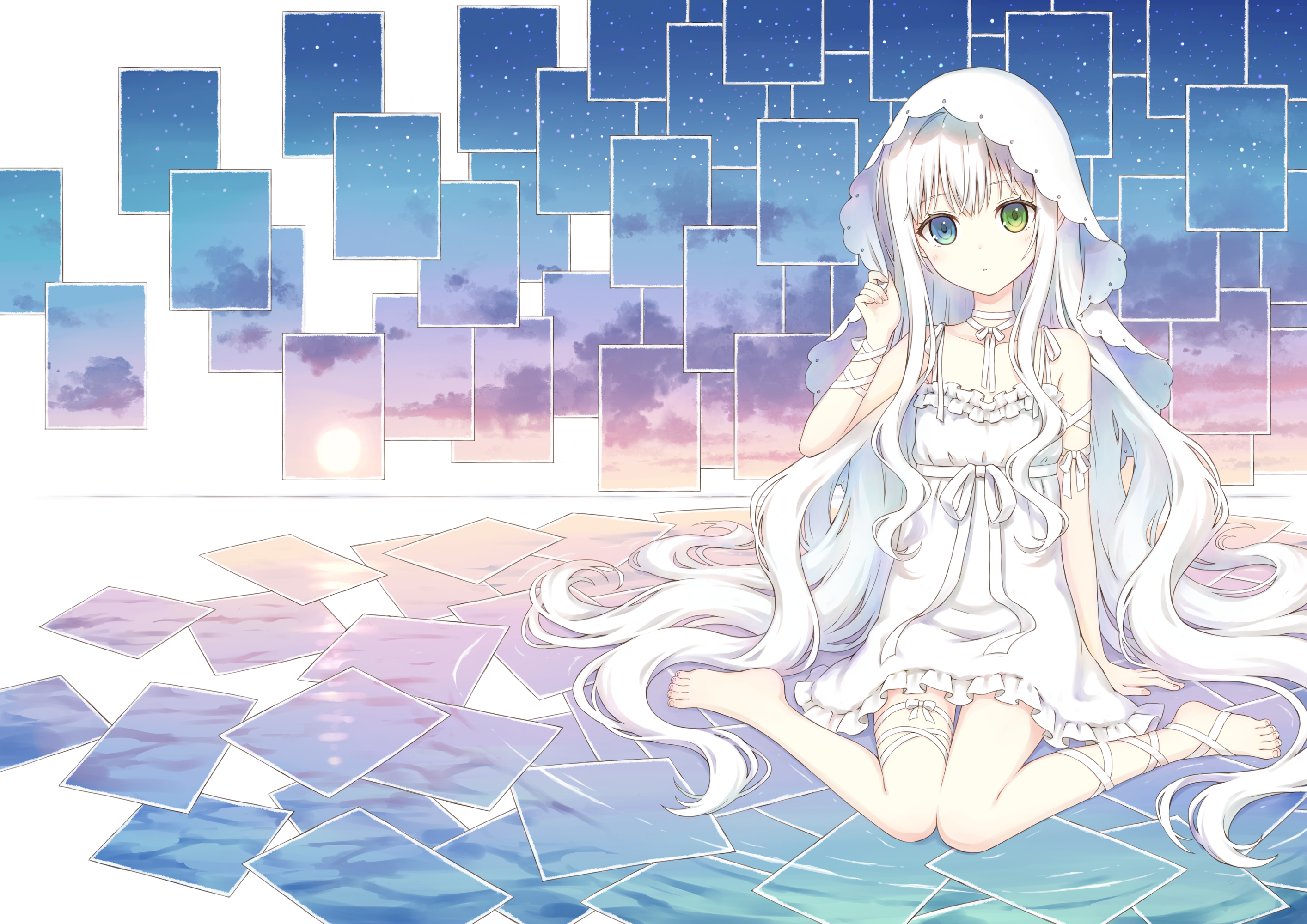 104 (luins104), original, commentary request, highres, 1girl, bare shoulders, barefoot, blue eyes, choker, closed mouth, collarbone, dress, full body, green eyes, hand up, heterochromia, long hair, looking at viewer, ribbon, sitting, sunset, veil, very long hair, wariza, white choker, white dress, white hair, white ribbon, white veil
