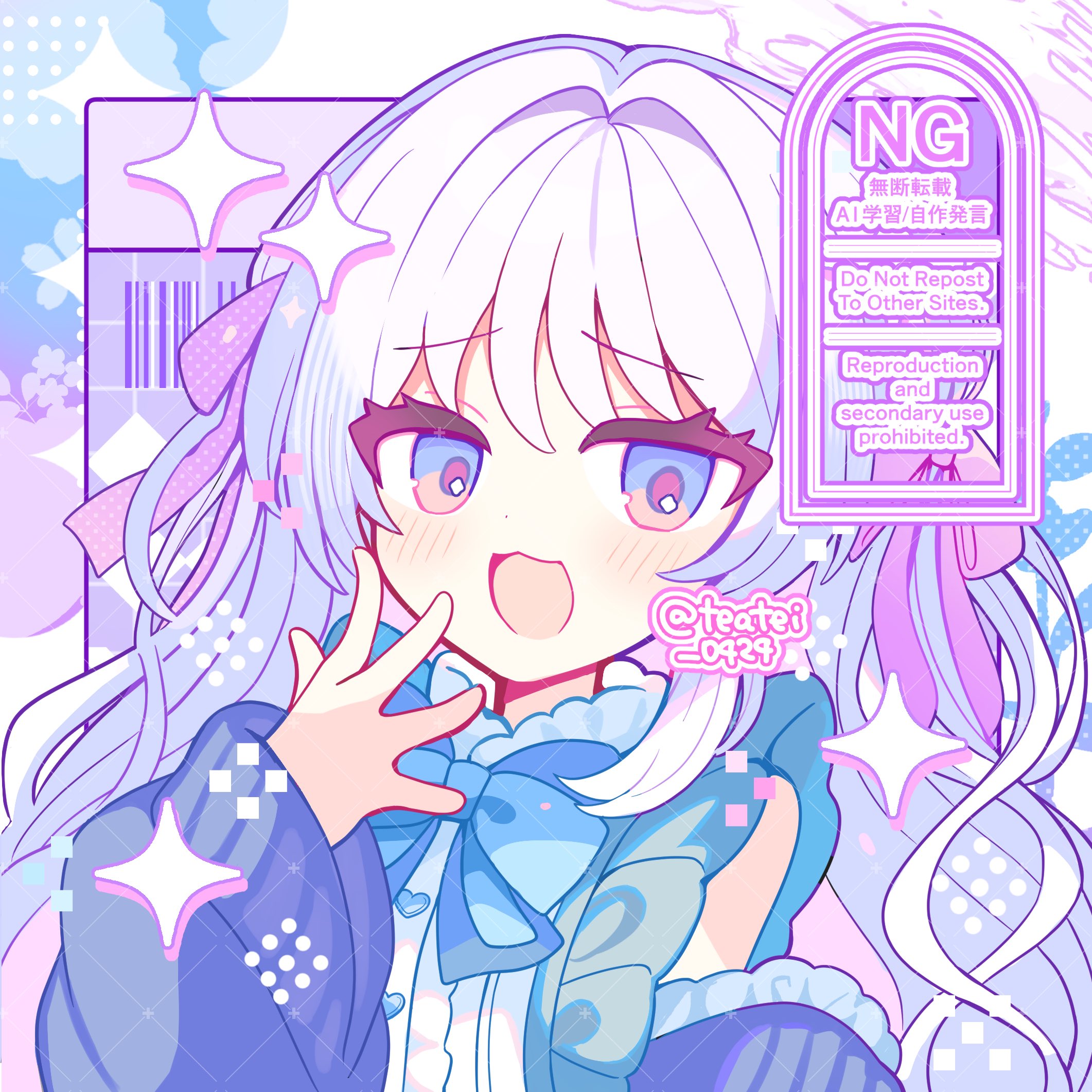 shirocha tei, original, commentary, commission, highres, skeb commission, 1girl, :3, :d, blue bow, blue bowtie, blue eyes, blue shirt, blush, bow, bowtie, dot nose, hand up, long hair, long sleeves, looking at viewer, open mouth, portrait, shirt, smile, solo, sparkle, twitter username, watermark, white hair, wide sleeves