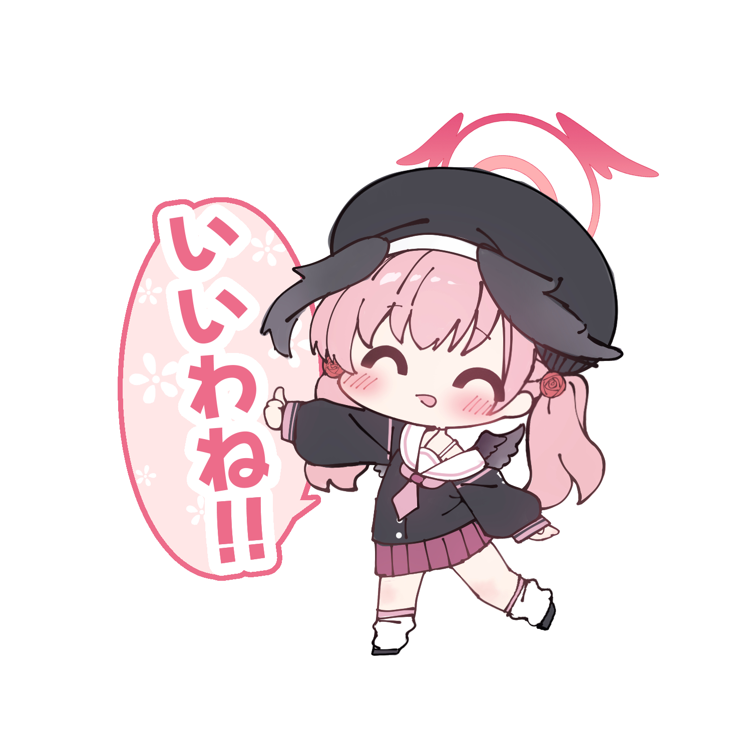 sasakura momiji, koharu (blue archive), blue archive, commentary request, highres, translation request, 1girl, ^ ^, beret, black hat, black shirt, black shoes, black wings, blush, chibi, closed eyes, feathered wings, flower, full body, hair flower, hair ornament, halo, hat, head wings, long sleeves, loose socks, off shoulder, outstretched arm, parted lips, pink hair, pleated skirt, puffy long sleeves, puffy sleeves, purple skirt, red flower, red rose, rose, sailor collar, shirt, shoes, simple background, skirt, sleeves past wrists, socks, solo, standing, standing on one leg, thumbs up, twintails, white background, white sailor collar, white socks, wings