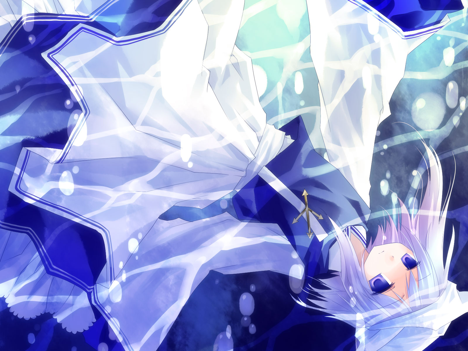 asahina, letty whiterock, touhou, highres, 1girl, blue eyes, blue hair, dress, female focus, hat, matching hair/eyes, solo, underwater, water