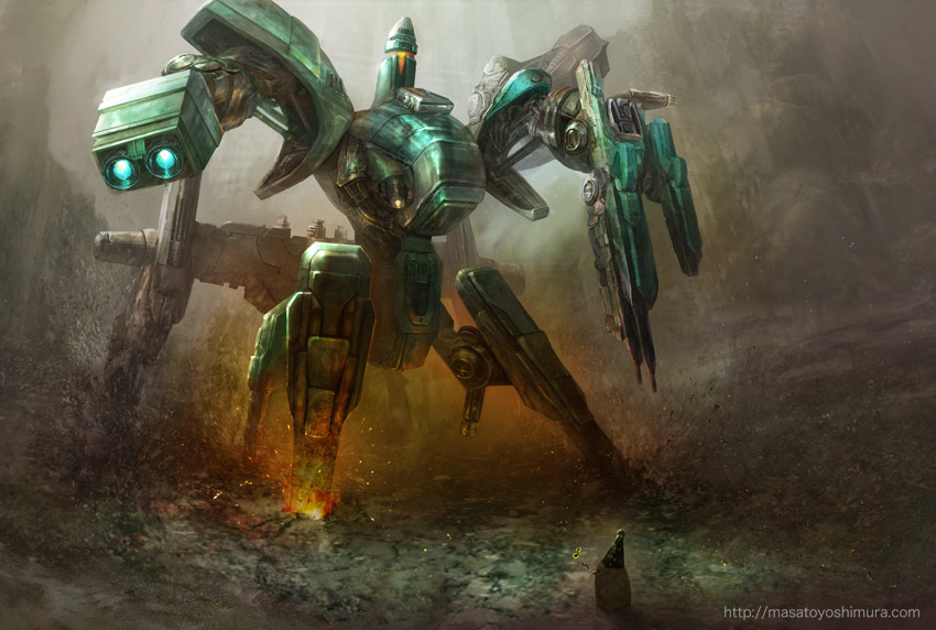 yoshimura masato, original, armor, helmet, machinery, mecha, no humans, robot, weapon, you gonna get raped