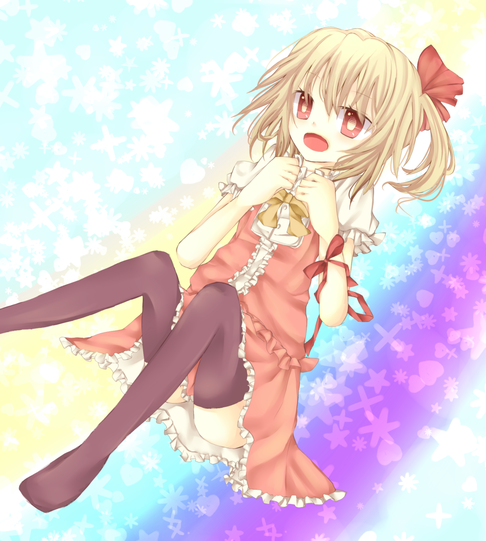 senracemay, flandre scarlet, embodiment of scarlet devil, touhou, bad id, bad pixiv id, highres, 1girl, black thighhighs, blonde hair, bow, female focus, hair bow, red eyes, ribbon, side ponytail, solo, thighhighs, zettai ryouiki