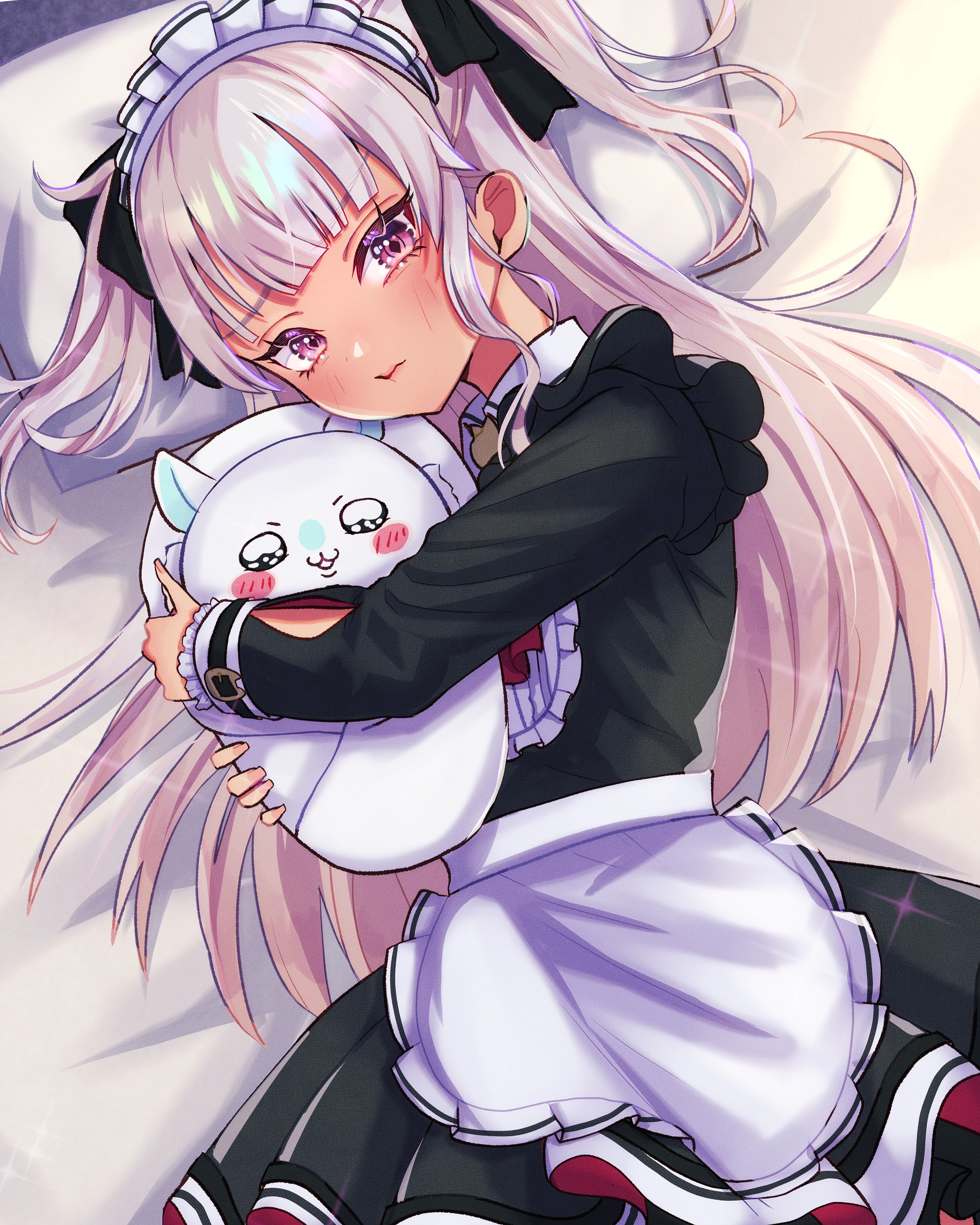 itsuki isshiki, matsukai mao, matsukai mao (2nd costume), nijisanji, absurdres, commentary request, highres, 1girl, animal, animal hug, apron, black dress, closed mouth, dark-skinned female, dark skin, dress, grey hair, long hair, looking at viewer, lying, maid, maid apron, maid headdress, official alternate costume, on side, purple eyes, solo, virtual youtuber, white apron