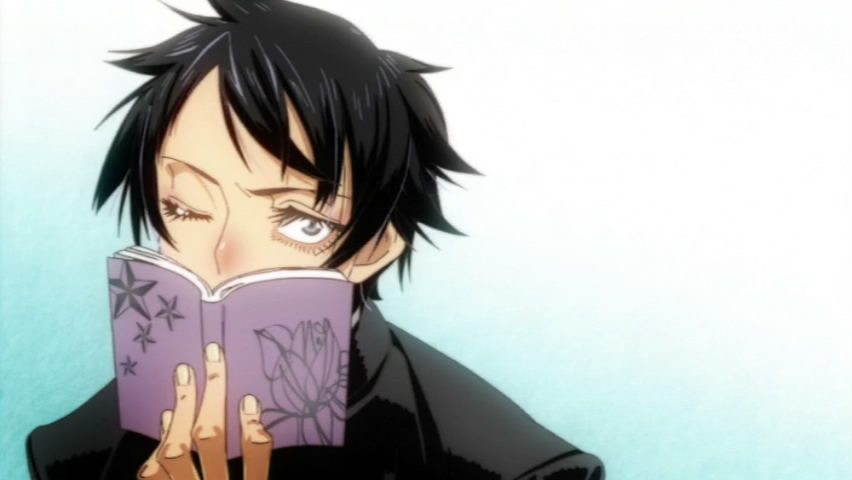 kudou jun, sayonara zetsubou sensei, anime screenshot, stitched, third-party edit, book, male focus, parody, solo, wince