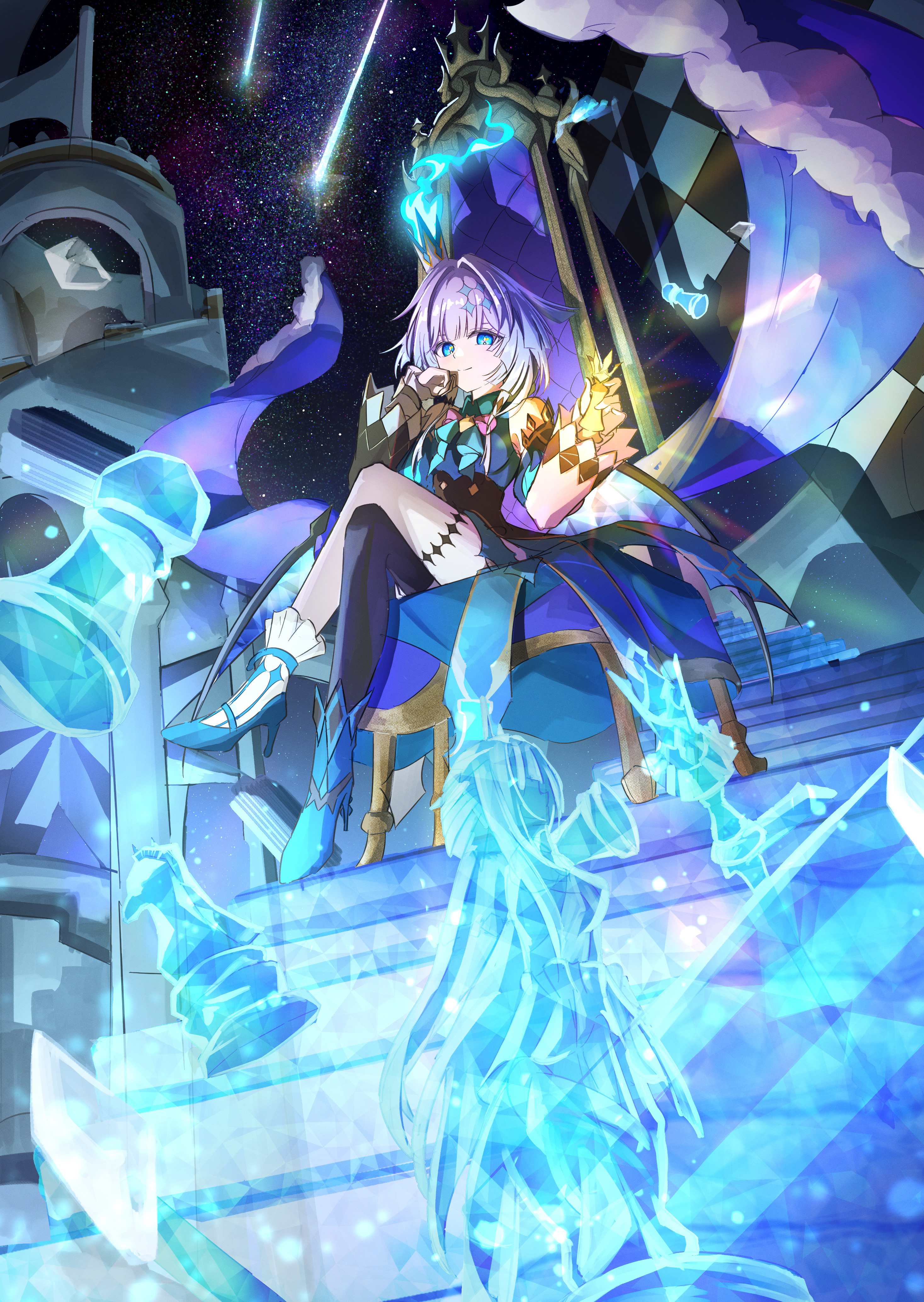 wira, cerydra (honkai: star rail), honkai: star rail, honkai (series), absurdres, commentary request, highres, 1girl, asymmetrical legwear, blue dress, blue eyes, blue fire, board game, cape, chess, chess piece, crossed legs, crown, dress, fire, fur trim, hand on own face, high heels, holding, holding chess piece, low wings, mini crown, multicolored hair, ribbon, shooting star, sitting, smile, stairs, star (sky), streaked hair, thigh strap, throne, white hair, wings