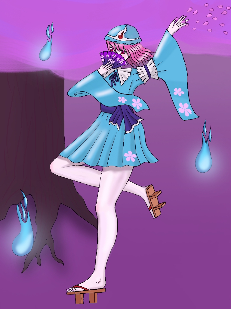 saigyouji yuyuko, touhou, commentary, english commentary, 1girl, covering face, dancing, full body, fumo yakumo, ghost, hat, japanese clothes, kimono, pink eyes, pink hair, short hair, solo