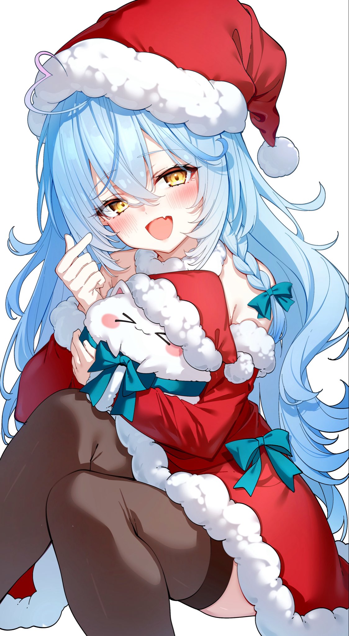 darjeeling (reley), yukihana lamy, yukimin (yukihana lamy), hololive, commentary request, highres, 1girl, :d, ahoge, black thighhighs, blue hair, braid, crossed bangs, detached sleeves, double-parted bangs, dress, fang, finger heart, fur-trimmed dress, fur-trimmed headwear, fur-trimmed sleeves, fur collar, fur trim, hair between eyes, hand up, hat, heart, heart ahoge, knees together feet apart, long hair, looking at viewer, multicolored hair, open mouth, pointy ears, pom pom (clothes), red dress, red hat, red sleeves, santa costume, santa dress, santa hat, side braid, simple background, sitting, skin fang, sleeveless, sleeveless dress, smile, solo, streaked hair, thighhighs, very long hair, virtual youtuber, white background, yellow eyes