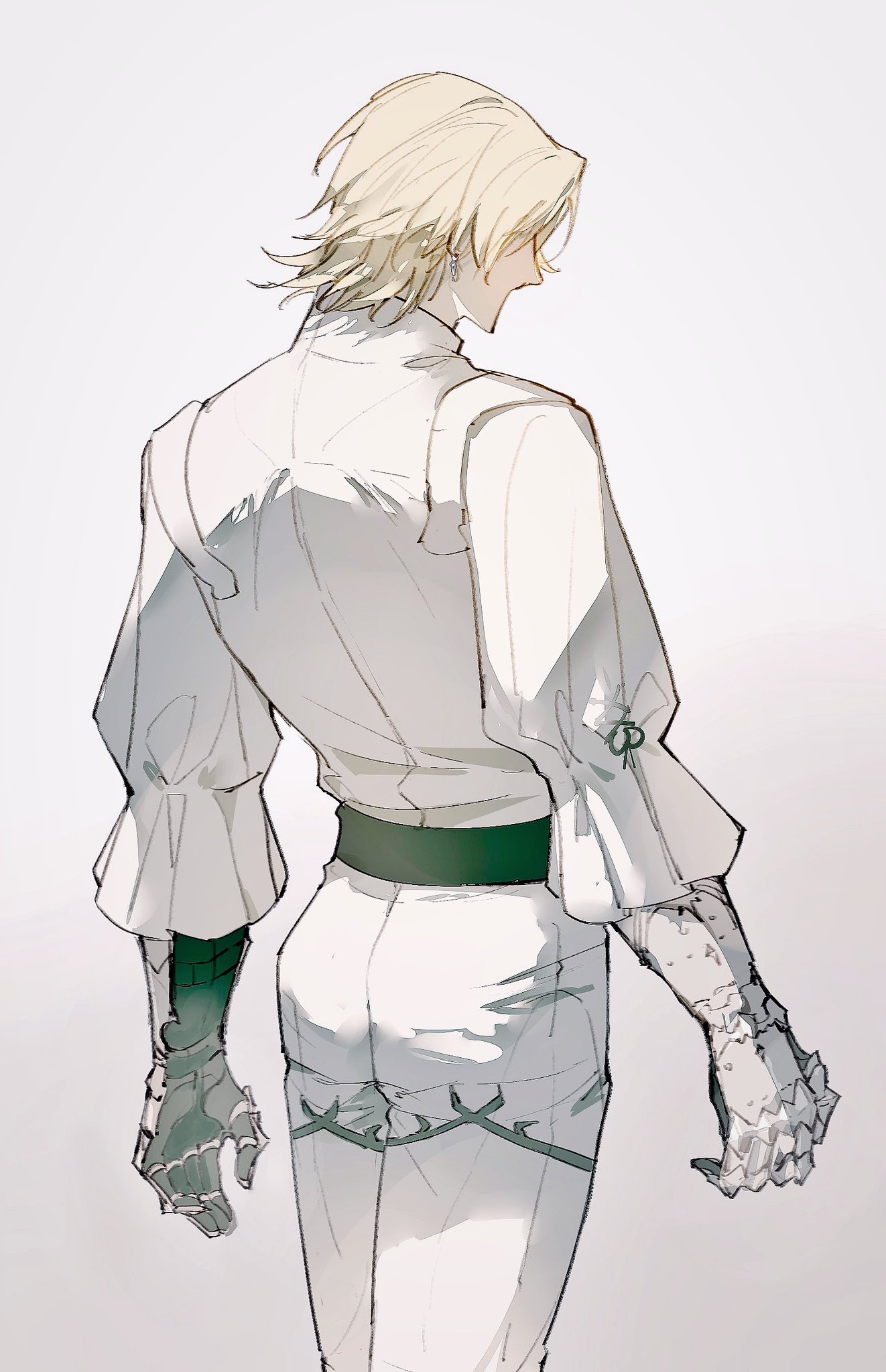 gigantickim ff, dion lesage, final fantasy, final fantasy xvi, highres, 1boy, armor, blonde hair, feet out of frame, frilled sleeves, frills, from behind, gauntlets, long sleeves, male focus, pants, shirt, short hair, simple background, solo, white background, white pants, white shirt, white theme