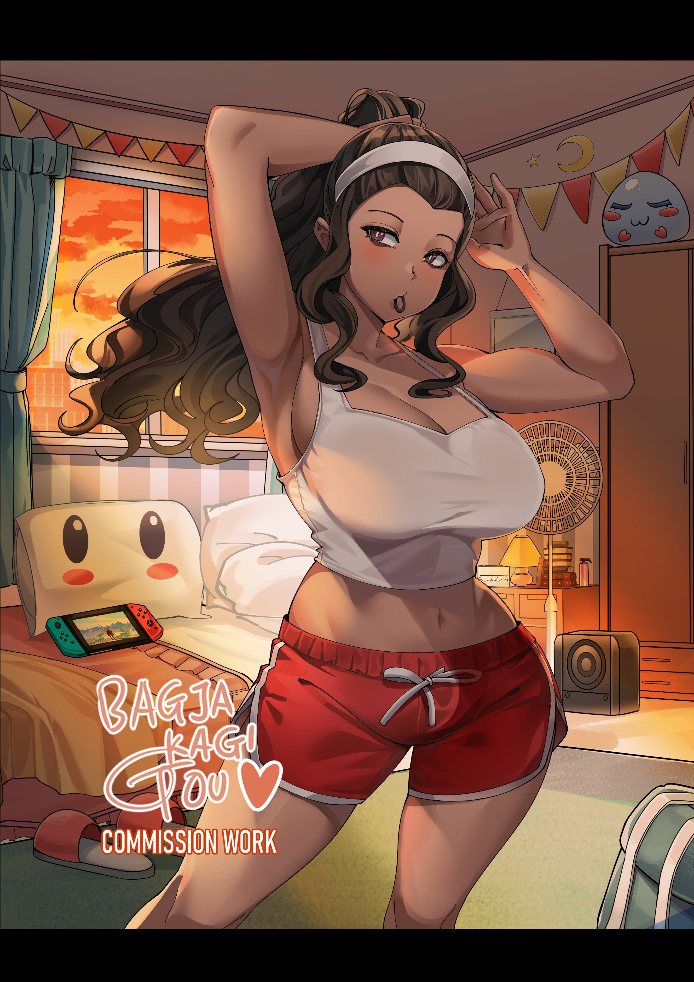 bagjakagi gou, original, absurdres, commentary, commission, english commentary, highres, 1girl, armpits, arms up, bag, bare shoulders, bed, bedroom, black border, blanket, border, breasts, brown eyes, building, cleavage, closet, cloud, curtains, dolphin shorts, electric fan, hair tie in mouth, hairband, high ponytail, indoors, large breasts, long hair, looking to the side, midriff, mouth hold, navel, nintendo switch, pillow, ponytail, red shorts, school bag, shorts, slippers, standing, sunset, tank top, tying hair, white hairband, white tank top, window