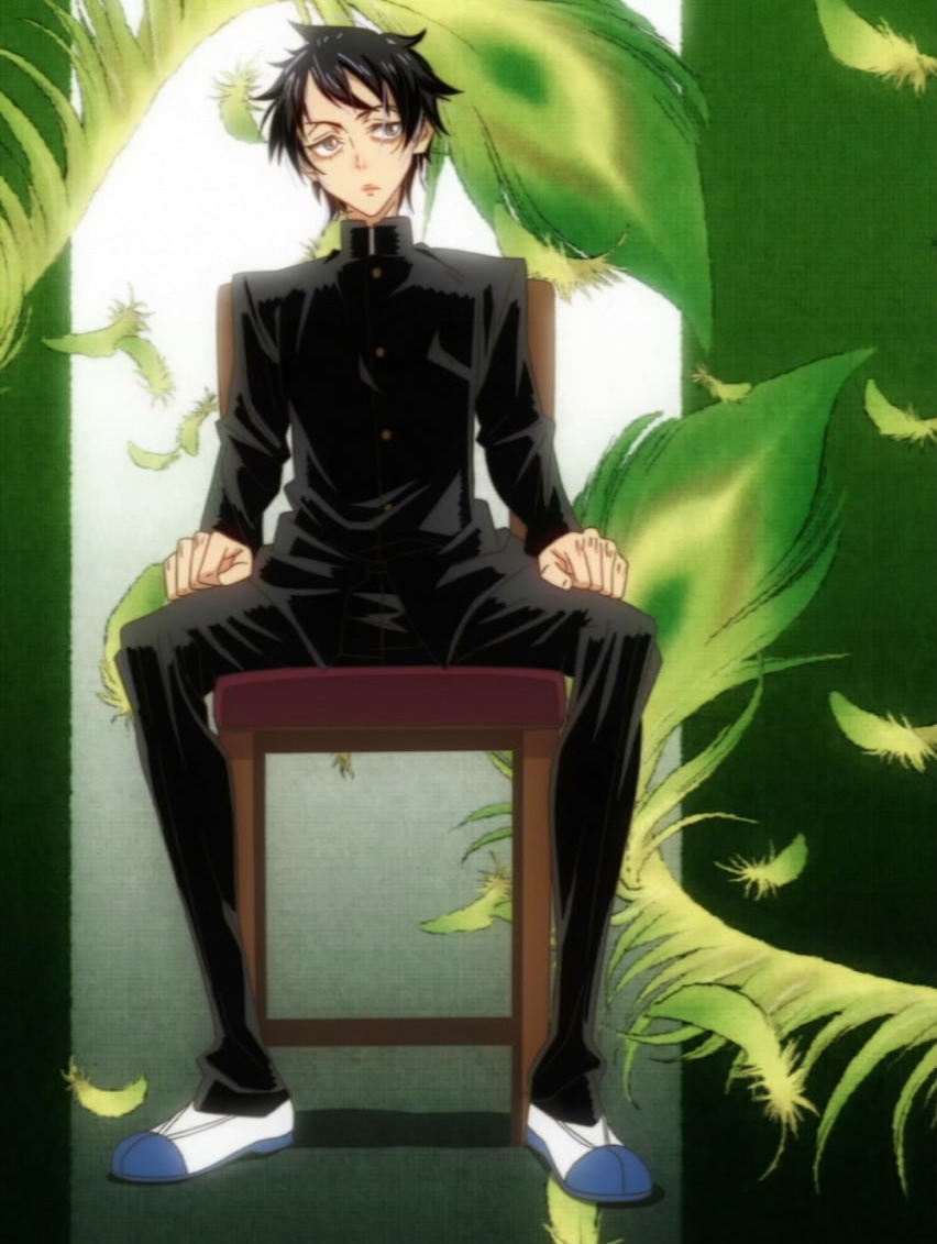 kudou jun, sayonara zetsubou sensei, anime screenshot, stitched, third-party edit, 1boy, black hair, feathers, gakuran, male focus, parody, school uniform, short hair, sitting, solo