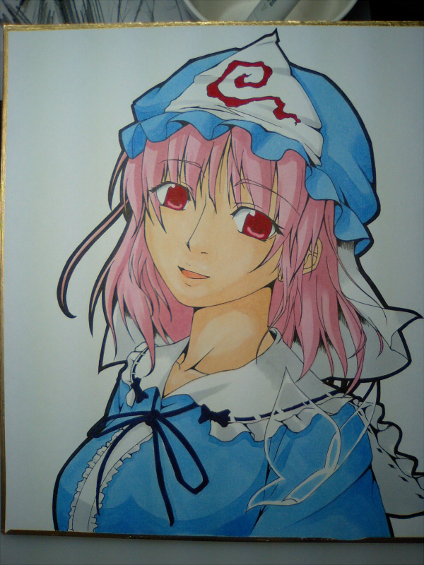 kyuu you, saigyouji yuyuko, touhou, photo (medium), traditional media, 1girl, breasts, bug, butterfly, female focus, hat, pink hair, red eyes, shikishi, short hair, solo, upper body