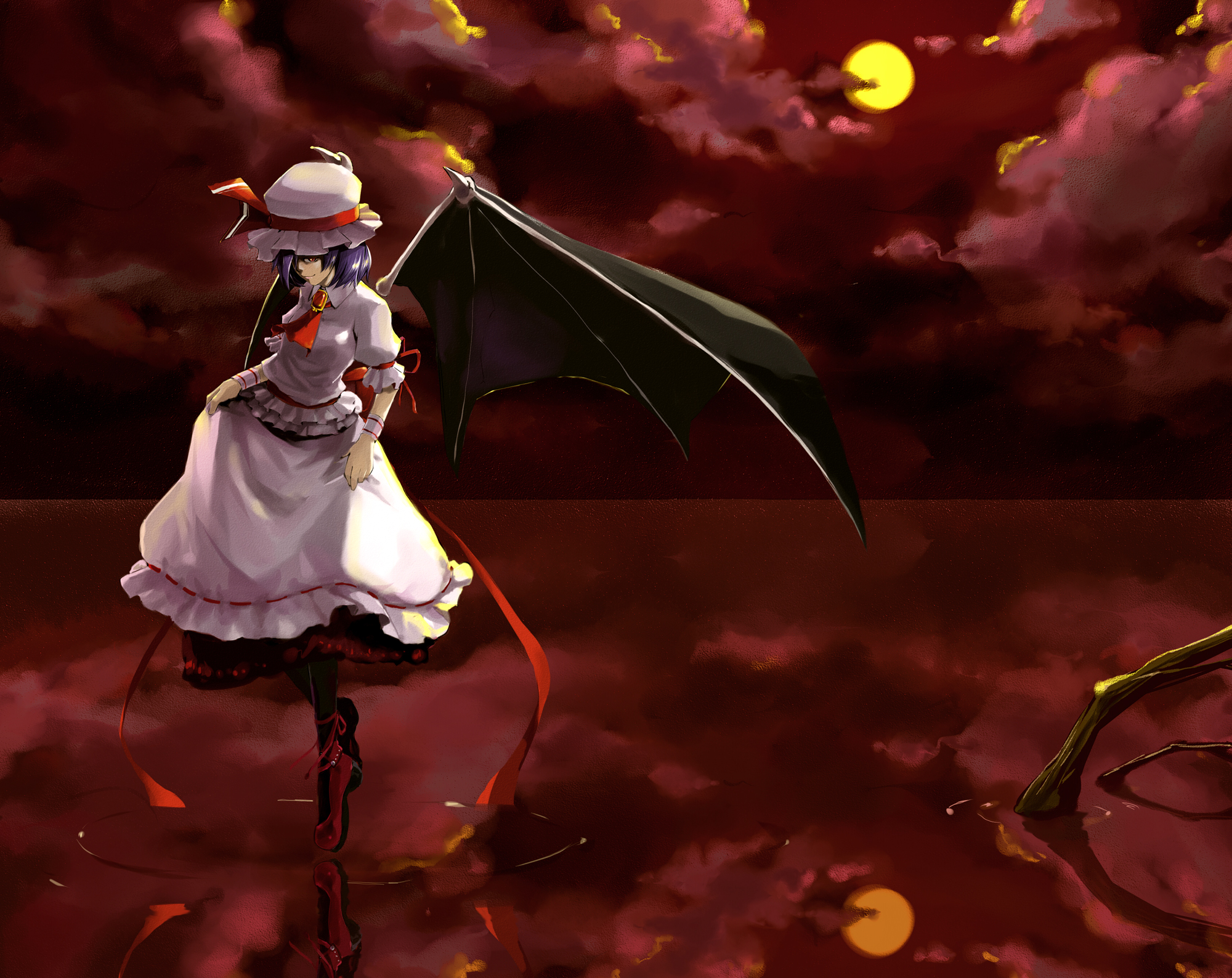 holysnow, remilia scarlet, touhou, highres, 1girl, bat wings, cloud, female focus, floating, full moon, hat, hat ribbon, moon, night, purple hair, red eyes, red sky, reflection, ribbon, ripples, short hair, skirt hold, sky, smile, solo, water, wings