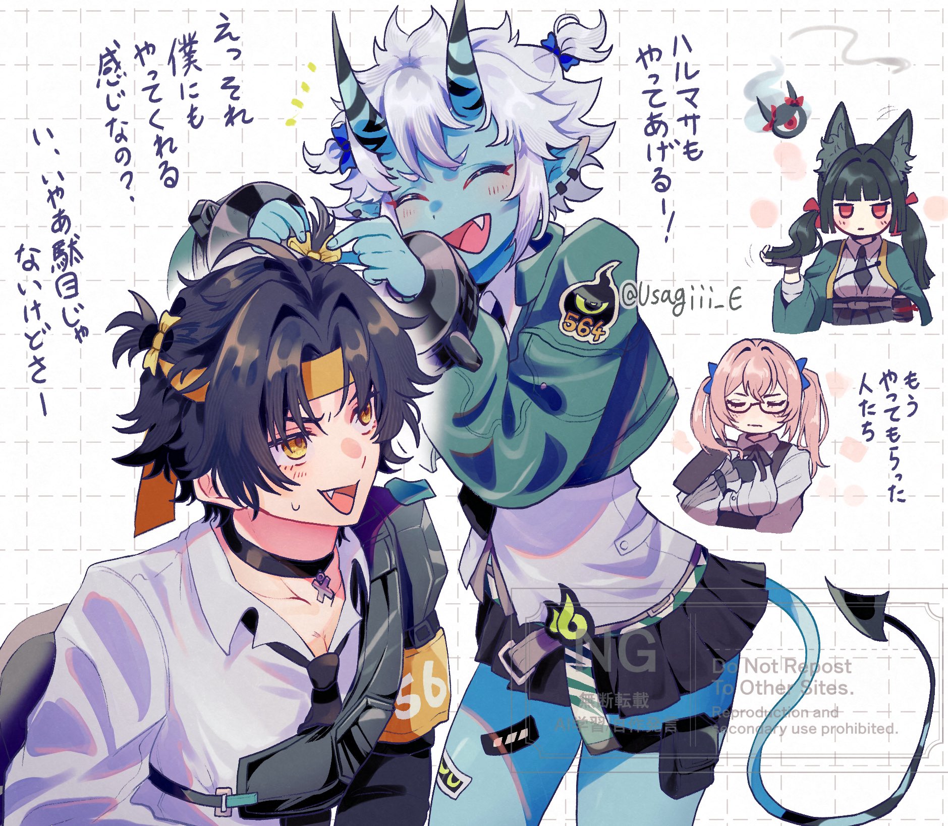 asaba harumasa, hoshimi miyabi, soukaku (zenless zone zero), tsukishiro yanagi, zenless zone zero, commentary request, highres, 1boy, 3girls, ^ ^, animal ears, aqua jacket, black choker, black hair, black necktie, black skirt, blue oni, blue skin, blush, chibi, choker, closed eyes, colored skin, fox ears, fox girl, hair between horns, headband, horns, jacket, multicolored horns, multiple girls, necktie, oni, pink hair, shirt, short hair, skirt, smile, twintails, two-tone horns, usagiii e, white hair, white shirt, yellow eyes, yellow headband