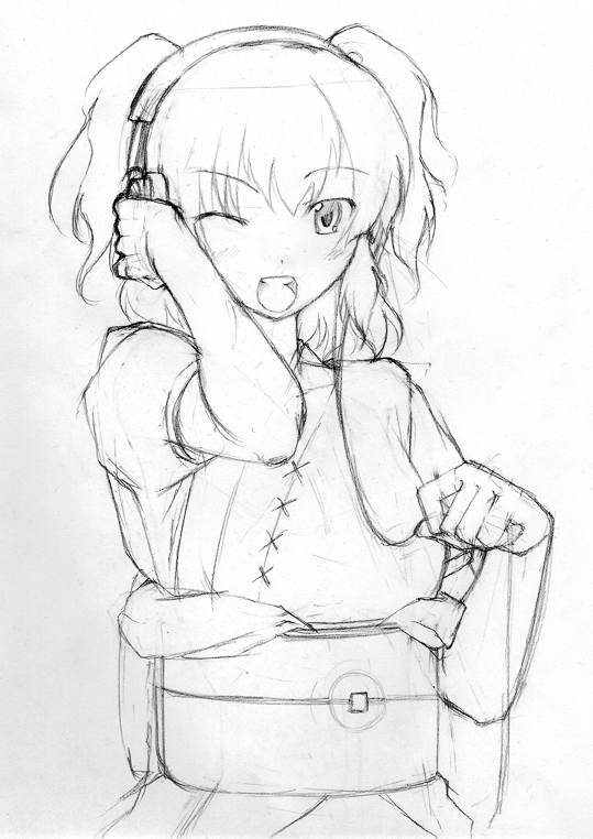 kyuu you, onozuka komachi, touhou, translation request, 1girl, dress, female focus, greyscale, headphones, monochrome, one eye closed, short hair, sketch, solo, twintails, two side up, white background, wink