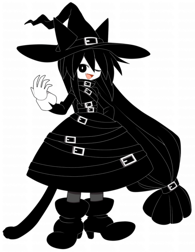 funamusea (artist), chlomaki (funamusea), funamusea, oounabara to wadanohara, sutare yume, official art, 1girl, black dress, black eyes, black hair, black hat, black tail, boots, bright pupils, buckle, cat girl, cat tail, dress, fang, full body, hair belt, hand up, hat, long hair, one eye closed, open mouth, simple background, smile, solo, standing, tail, very long hair, white background, white pupils, witch, witch hat