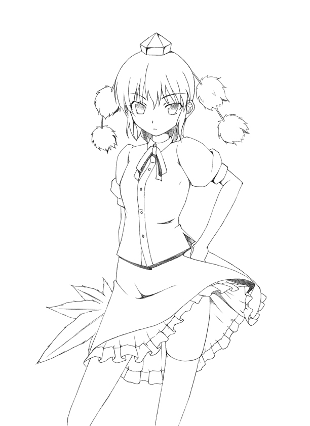 kyuu you, shameimaru aya, touhou, 1girl, female focus, greyscale, hat, monochrome, short hair, simple background, skirt, solo, thighhighs, tokin hat, white background