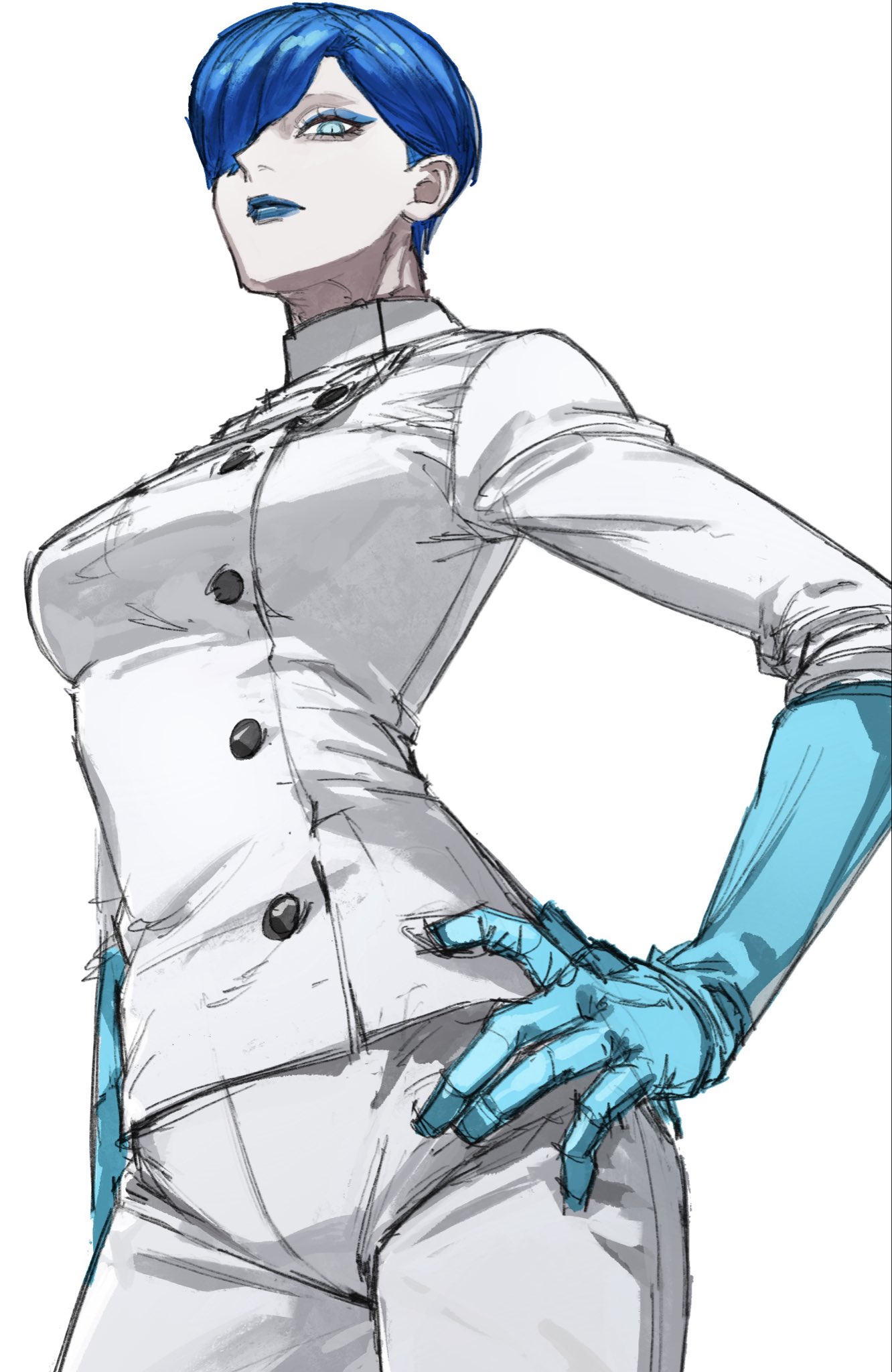 mihiro 00122, highres, 1girl, aegyo sal, blue eyes, blue eyeshadow, blue gloves, blue hair, blue lips, breasts, buttons, contrapposto, elbow gloves, empty eyes, eyeshadow, filament (game), from below, gloves, hair behind ear, hair over one eye, hand on own hip, high collar, jacket, light frown, looking at viewer, looking down, makeup, medical gloves, medium breasts, nurse, pale skin, pants, pixie cut, rubber gloves, serious, short hair, sleeves rolled up, slit pupils, solo, straight hair, suigin (filament), tsurime, very short hair, white background, white jacket, white pants