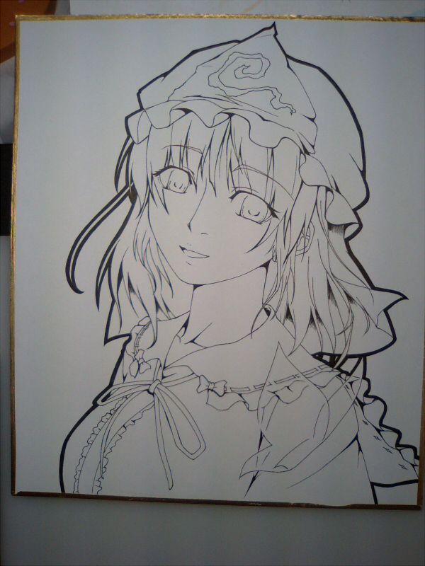 kyuu you, saigyouji yuyuko, touhou, photo (medium), traditional media, 1girl, female focus, hat, monochrome, shikishi, short hair, solo, upper body