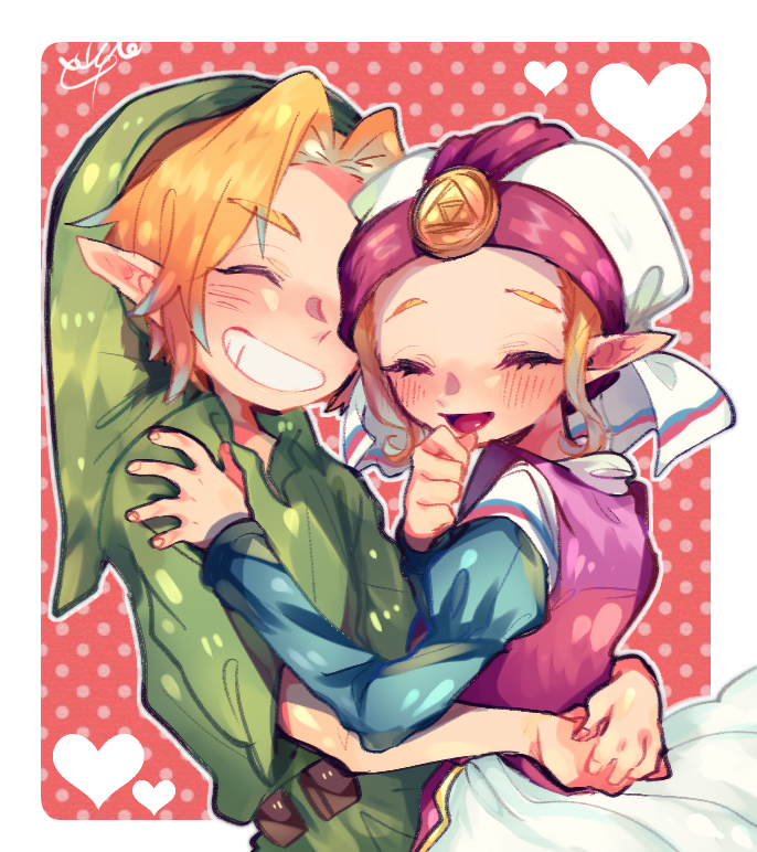 repikinoko, link, princess zelda, young link, young zelda, nintendo, the legend of zelda, the legend of zelda: ocarina of time, non-web source, 1boy, 1girl, blonde hair, blush, border, closed eyes, couple, dress, elf, green hat, green tunic, hand on another's shoulder, hand on own chin, happy, hat, heart, hug, juliet sleeves, laughing, long sleeves, pink dress, pink hat, pointy ears, polka dot, polka dot background, puffy sleeves, red background, simple background, smile, tunic, two-tone dress, upper body, white border