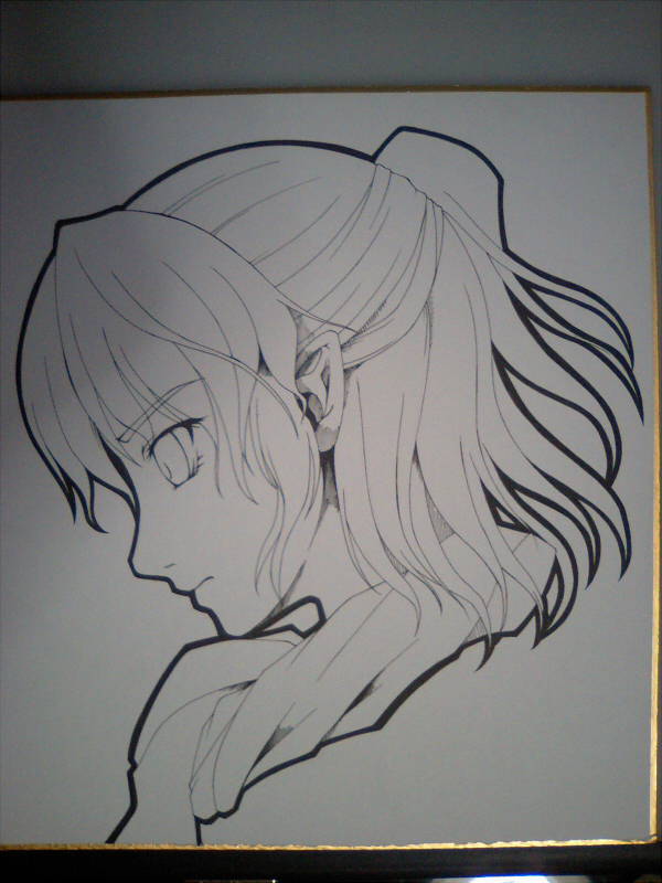 kyuu you, mizuhashi parsee, touhou, traditional media, 1girl, female focus, greyscale, half updo, monochrome, pointy ears, scarf, shikishi, short hair, solo, upper body