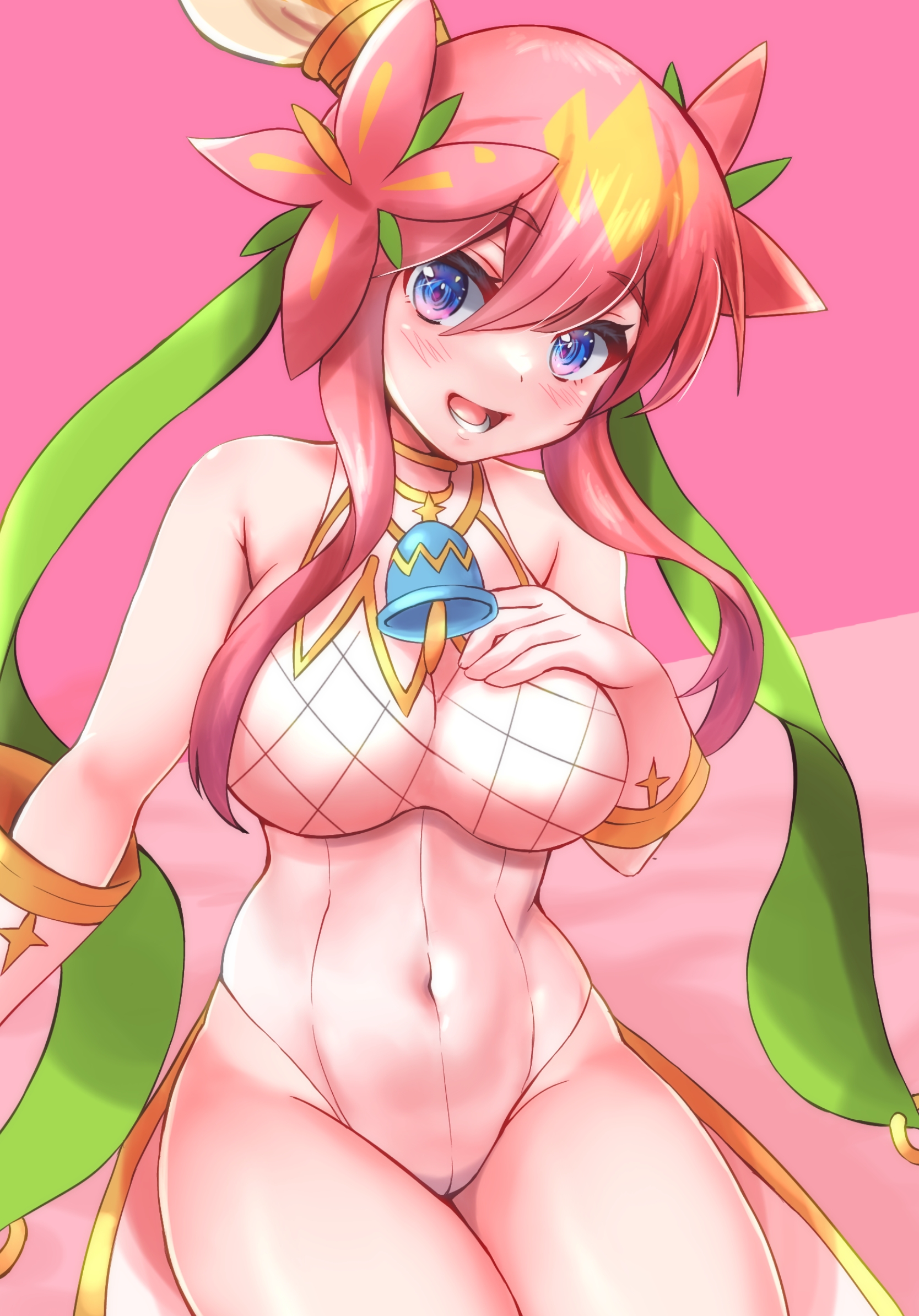 musan (mu34mi), duel masters, commentary request, highres, 1girl, blonde hair, blue eyes, breasts, covered navel, elbow gloves, flower, gloves, gold trim, gradient eyes, hair flower, hair ornament, hand on own chest, high ponytail, highleg, highleg leotard, leotard, long hair, looking at viewer, mesh, multicolored eyes, multicolored hair, open mouth, pink background, pink eyes, pink hair, ponytail, rafululu love (duel masters), short ponytail, sitting, solo, teeth, white gloves, white leotard